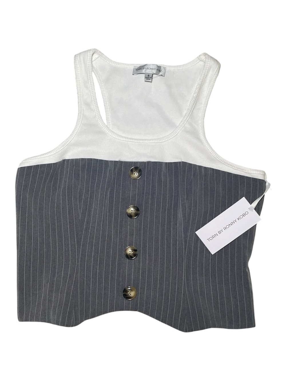Torn by Ronny Kobo White and Gray Pinstripe Marina Top sz S